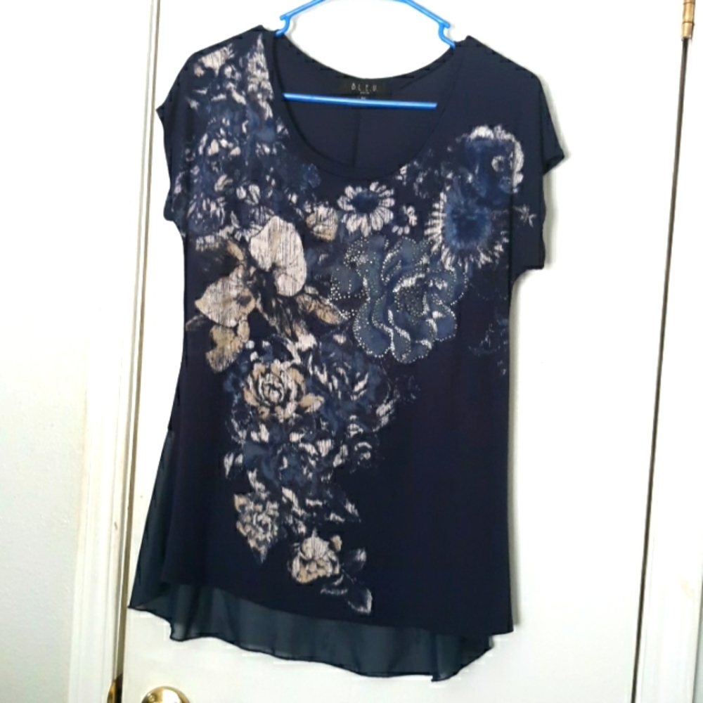B.L.E.U. Navy Tunic Top Scoop Neck Stud Embellished Cap Sleeve sz PS
